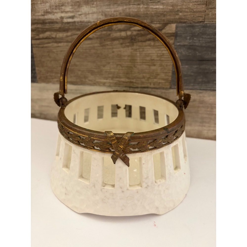 Antique Ceramic Creamware Basket Ornate Brass Handle Ribbon Leaf Trim Cream